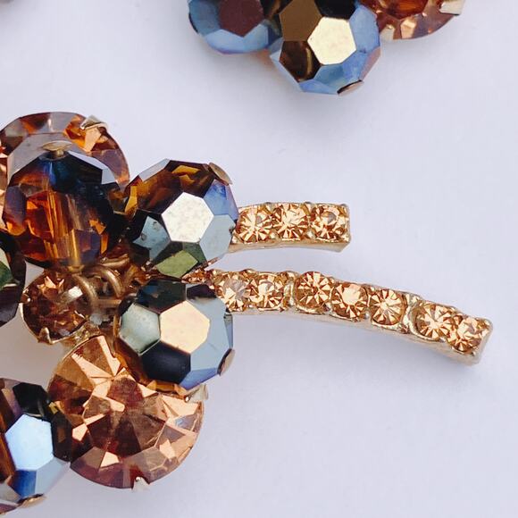 VTG Juliana Mid Century Cha Cha Brooch Earrings Set Gold Tone AB Beads Root Beer - Picture 3 of 14